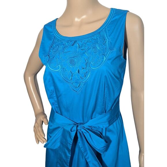 Talbots Turquoise Embroidered Sateen Fit & Flare Tie Waist Dress Size 6p - Picture 3 of 9